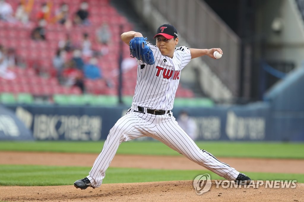In this June 18, 2021, file photo provided by the LG Twins, Cha Woo-chan of the Twins pitches against the Kia Tigers during a Korea Baseball Organization regular season game at Jamsil Baseball Stadium in Seoul. (PHOTO NOT FOR SALE) (Yonhap)