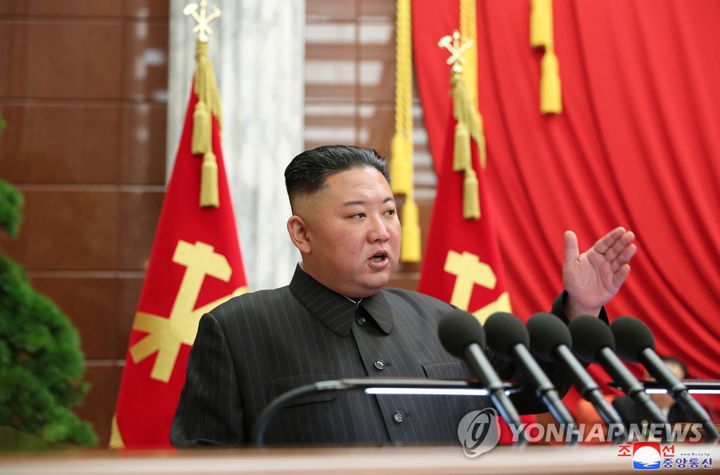 North Korean leader Kim Jong-un speaks during the Workers' Party's politburo meeting in Pyongyang on June 29, 2021, in this photo provided by the Korean Central News Agency (KCNA). "By neglecting important decisions of the party in its national emergency antivirus fight in preparations for a global health crisis, officials in charge have caused a grave incident that poses a huge crisis to the safety of the nation and its people," Kim was quoted as saying by the KCNA. (For Use Only in the Republic of Korea. No Redistribution) (Yonhap)