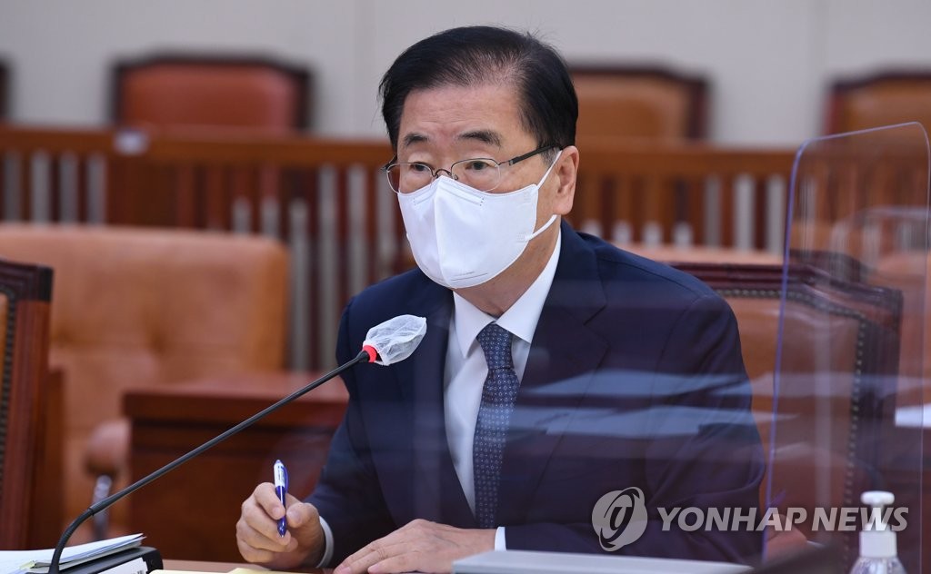 Foreign Minister Chung Eui-yong speaks during a parliamentary audit session held at the National Assembly on Oct. 20, 2021. (Yonhap)