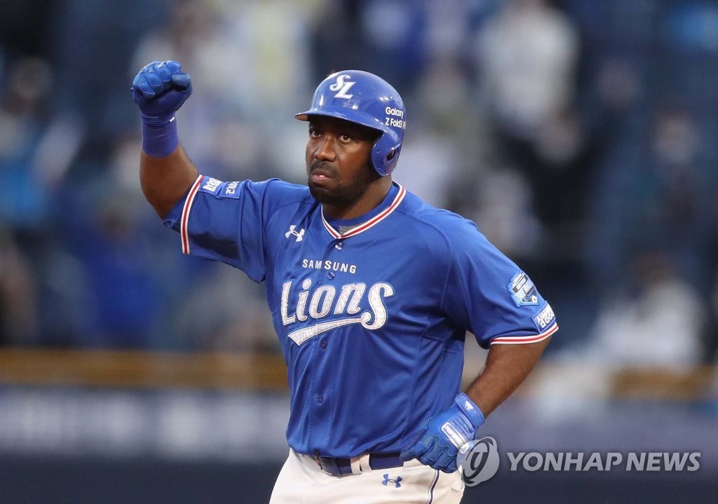 In this file photo from Oct. 30, 2021, Jose Pirela of the Samsung Lions celebrates his two-run home run against the NC Dinos in the top of the first inning of a Korea Baseball Organization regular season game at Changwon NC Park in Changwon, some 400 kilometers southeast of Seoul. (Yonhap)