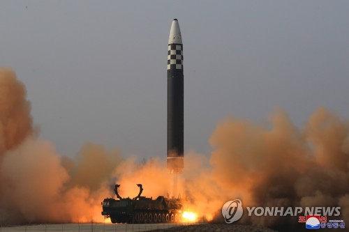 This file photo, released by North Korea's official Korean Central News Agency, shows a Hwasong-17 intercontinental ballistic missile (ICBM) being launched from Pyongyang International Airport on March 24, 2022. (For Use Only in the Republic of Korea. No Redistribution) (Yonhap)