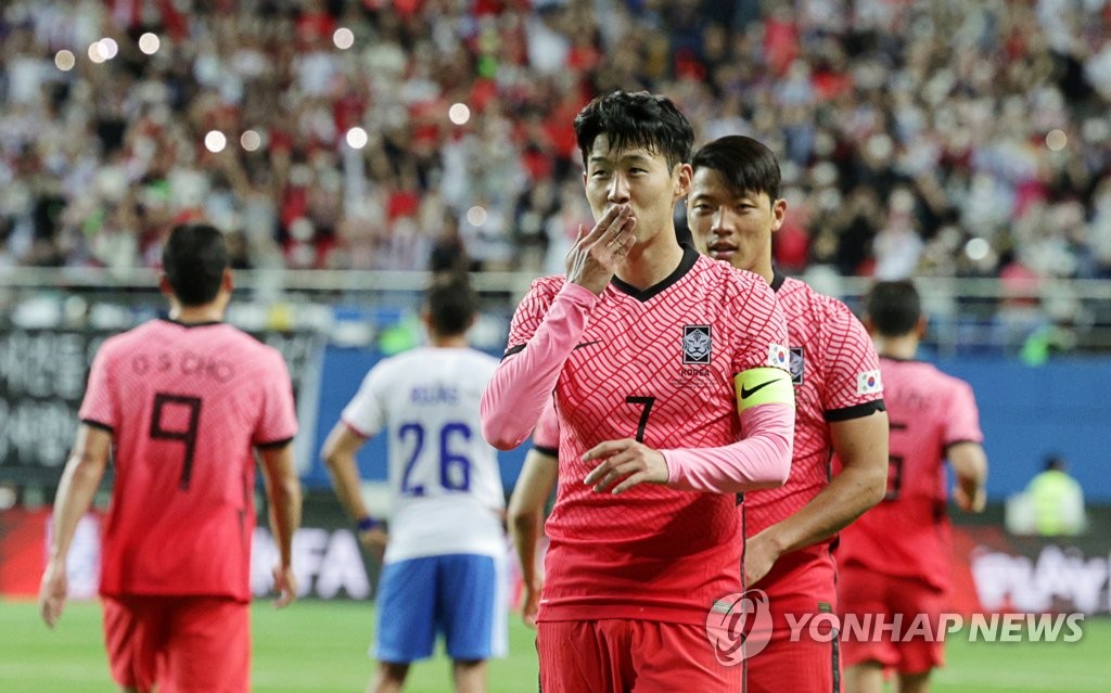 Son Heung-min of South Korea celebrates after scoring a goal against Chile during the countries' friendly football match at Daejeon World Cup Stadium in Daejeon, 160 kilometers south of Seoul, on June 6, 2022. (Yonhap)