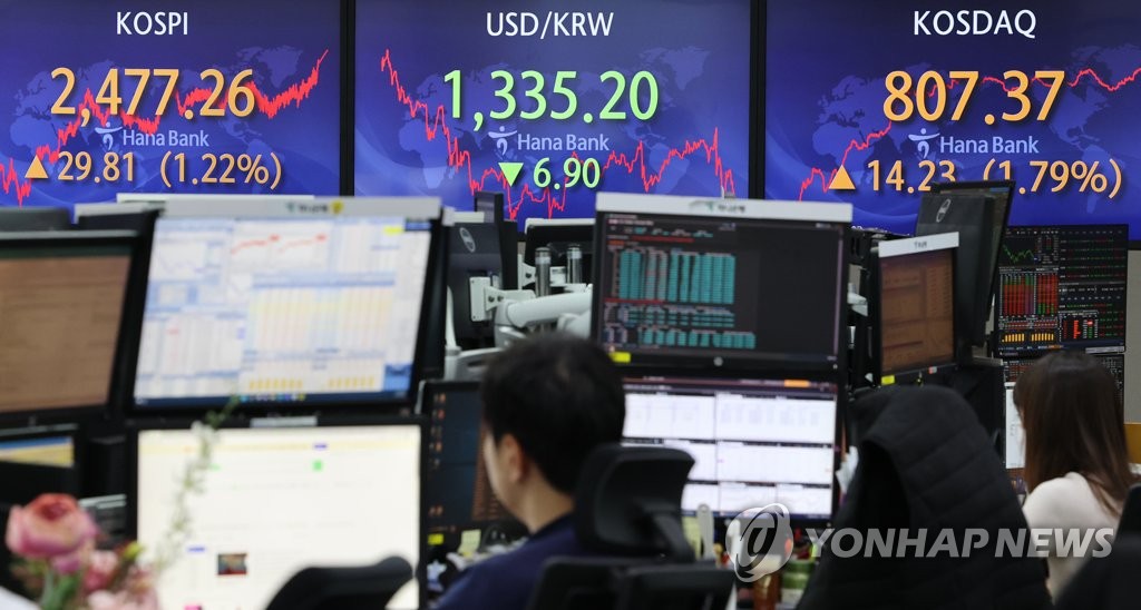 This photo, taken Aug. 25, 2022, shows stock and currency movements depicted on an electronic signboard at a Hana Bank dealing room in Seoul. (Yonhap)
