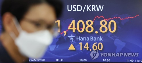 This photo, taken Sept. 22, 2022, shows the South Korean currency falling below the 1,400 mark against the U.S. dollar during its intraday trading. (Yonhap) 