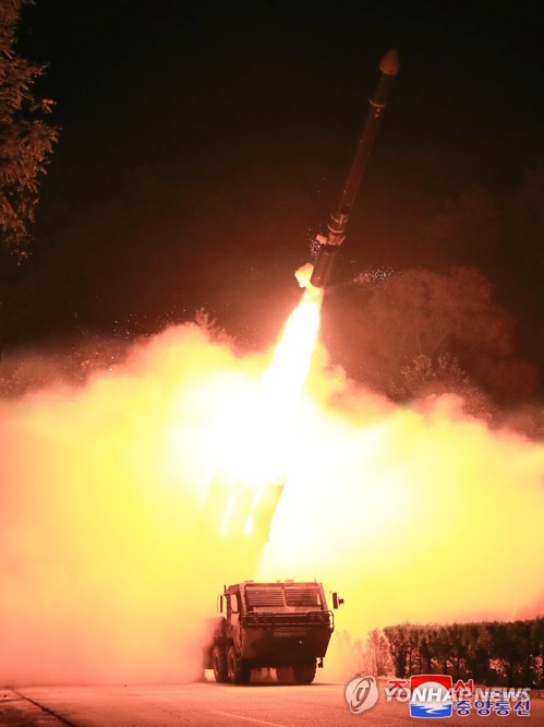 This photo, released by the Korean Central News Agency on Oct. 13, 2022, shows one of two long-range strategic cruise missiles that North Korea test-fired the previous day with its leader Kim Jong-un in attendance. The missiles flew for &quot;10,234 seconds along an oval and pattern-8 flight orbits in the sky above the West Sea of Korea and clearly hit the target 2,000 km away,&quot; according to the North Korean state media. (For Use Only in the Republic of Korea. No Redistribution) (Yonhap)