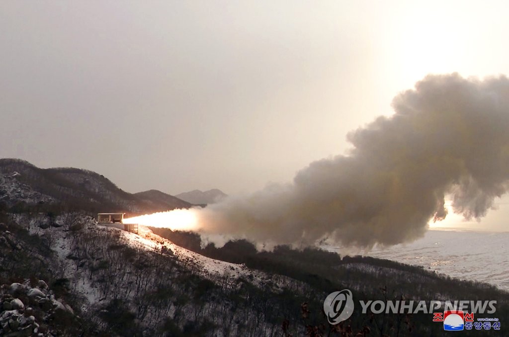 A ground test of a "high-thrust solid-fuel motor" is conducted at the Sohae satellite launch site at Sohae Satellite Launching Ground in Cholsan, North Pyongan Province, on Dec. 15, 2022, in this photo released by the Korean Central News Agency the next day. (For Use Only in the Republic of Korea. No Redistribution) (Yonhap)