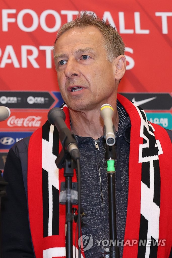 Jurgen Klinsmann, new head coach of the South Korean men's national football team, speaks to reporters at Incheon International Airport, west of Seoul, on March 8, 2023. (Yonhap)