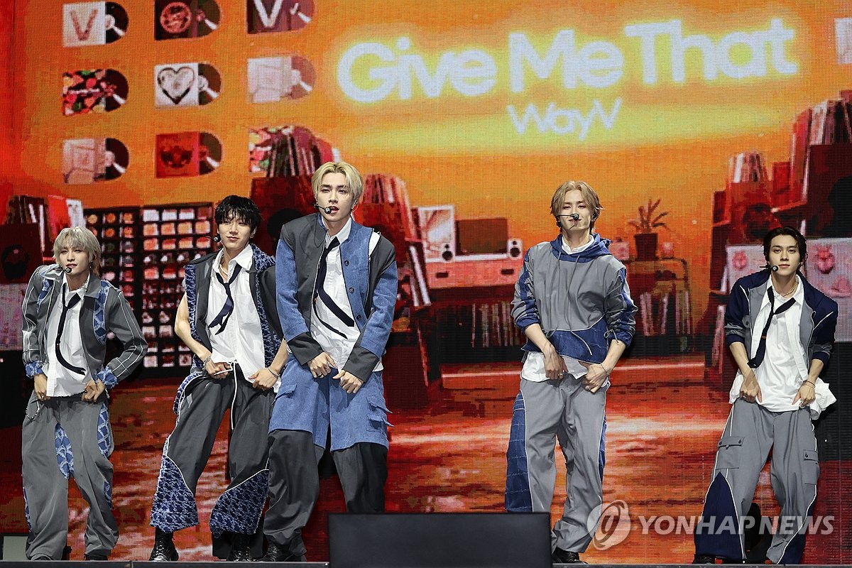 WayV, a subunit of the larger K-pop group NCT, performs "Give Me That," the title track of its fifth EP of the same name, during a media showcase in Seoul on June 3, 2024. (Yonhap)