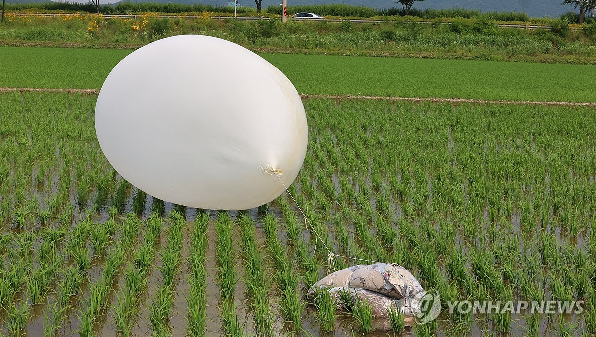 This file photo, taken June 10, 2024, shows a balloon carrying trash sent by North Korea in a rice paddy in Incheon, just west of Seoul. (Yonhap)