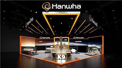 The photo provided by Hanwha Aerospace Co. on Feb. 13, 2025, shows a rendering of its exhibition booth set to be displayed at IDEX 2025 in the United Arab Emirates. (PHOTO NOT FOR SALE) (Yonhap)